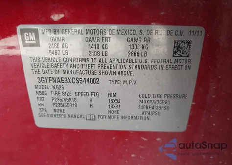 2012 Cadillac Srx Luxury Collection from USA, damaged, VIN 3GYFNAE3XCS544002